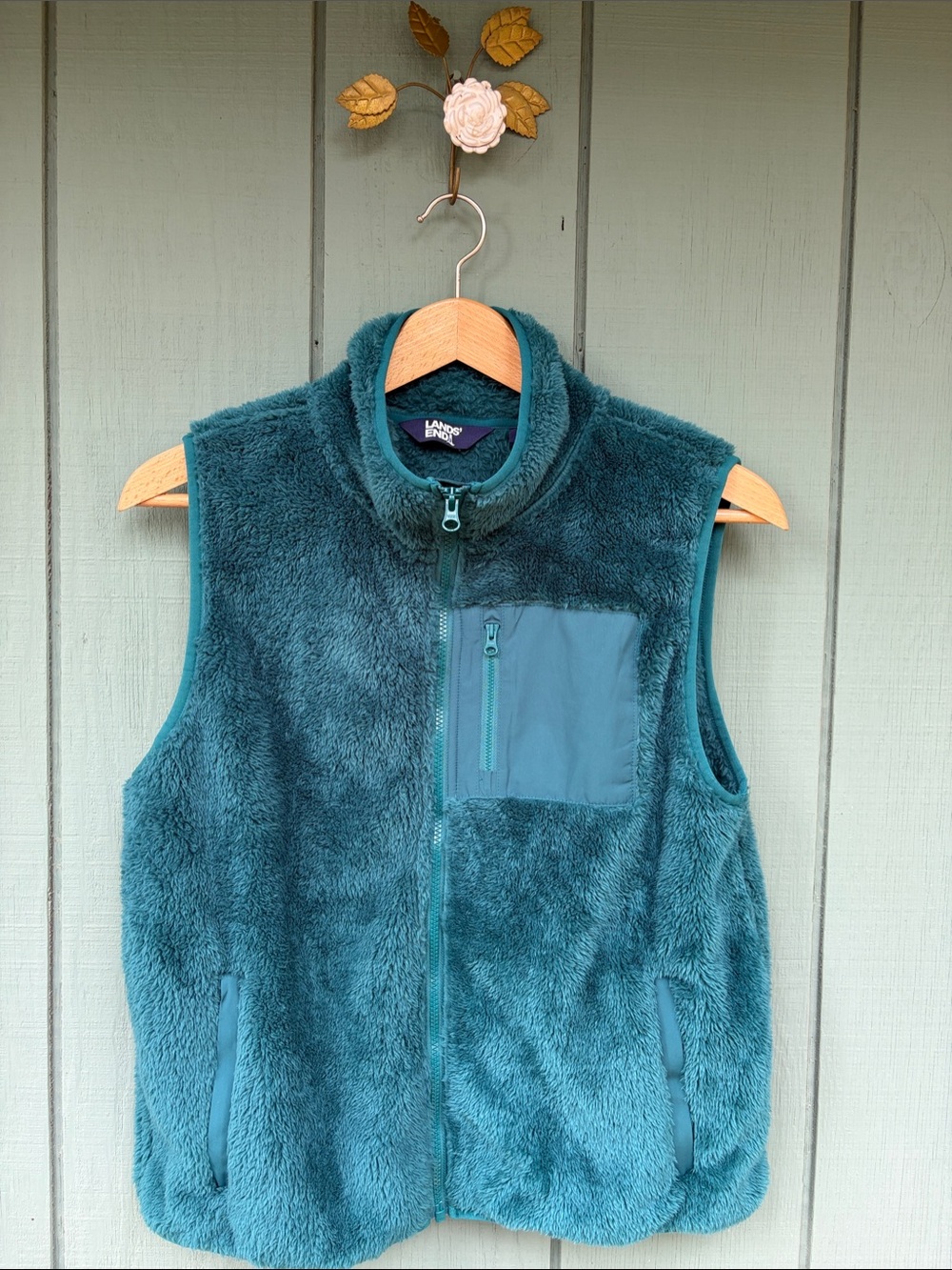 Lands' End Teal Plush Fleece Vest - Zip Front Sleeveless
